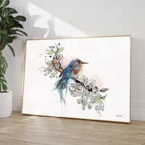 Bird Canvas Art, Large Canvas Print, Original Watercolor Painting, Blue Bird Wall Art, Large Painting for Living Room, Kingfisher Wall Art