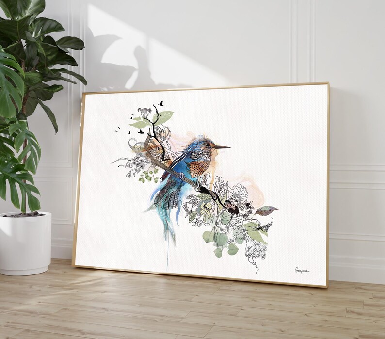 Bird Canvas Art, Large Canvas Print, Original Watercolor Painting, Blue Bird Wall Art, Large Painting for Living Room, Kingfisher Wall Art