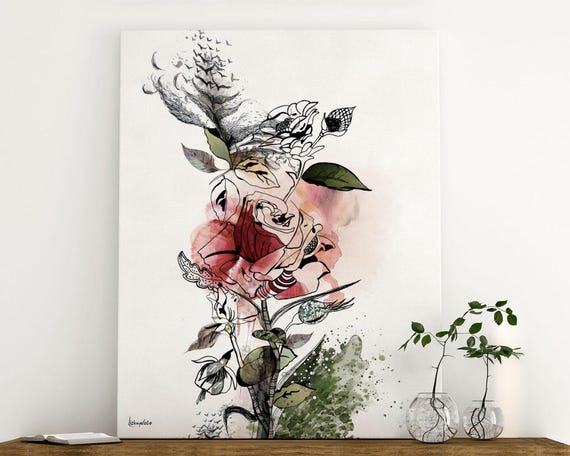 Large Wall Art, Red Flower Painting, Large Watercolor Art, Canvas Art Print, Large Colorful Painting, Living Room Wall Art, Red Rose Art