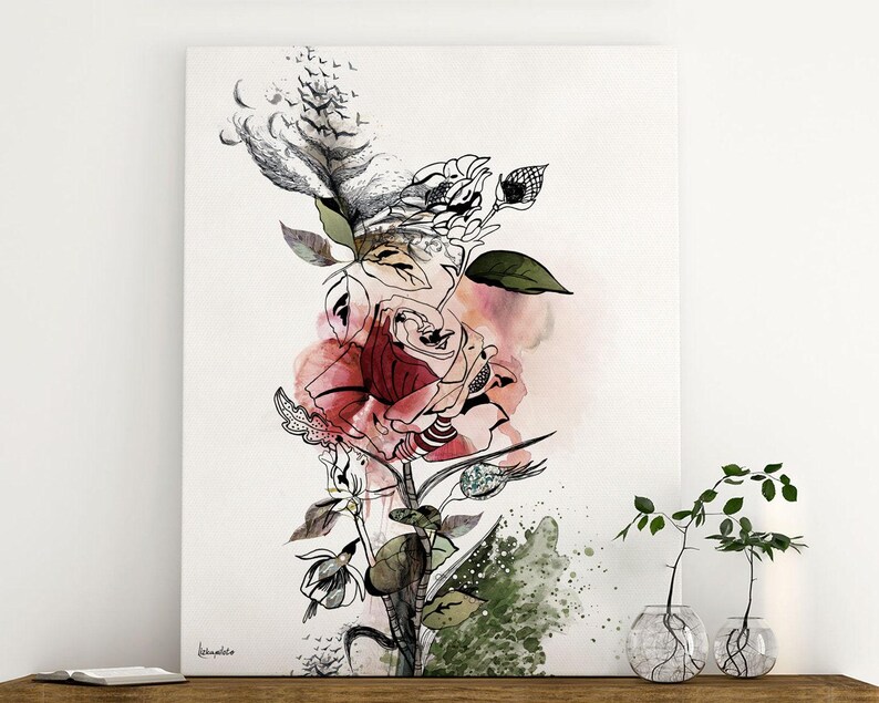 Large Wall Art, Red Flower Painting, Large Watercolor Art, Canvas Art Print, Large Colorful Painting, Living Room Wall Art, Red Rose Art