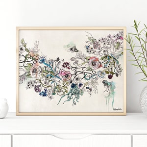 May include: A framed watercolor artwork featuring a floral design with roses, leaves, and abstract elements in shades of pink, blue, and purple. The artwork is in a gold frame and signed in the lower right corner.
