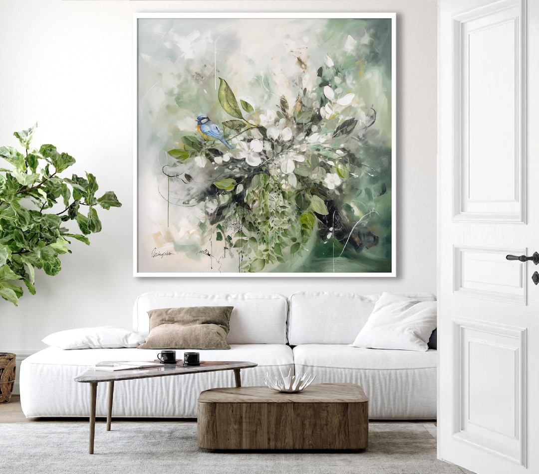 Extra Large Nature Wall Art, Green Abstract Floral Painting, Tropical