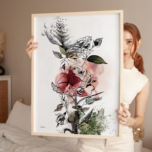 Flower Watercolor Painting, Red Flower Art Print, Rose Painting, Watercolor Flower Art, Flowers Watercolour Painting, Modern Flower Wall Art image 2