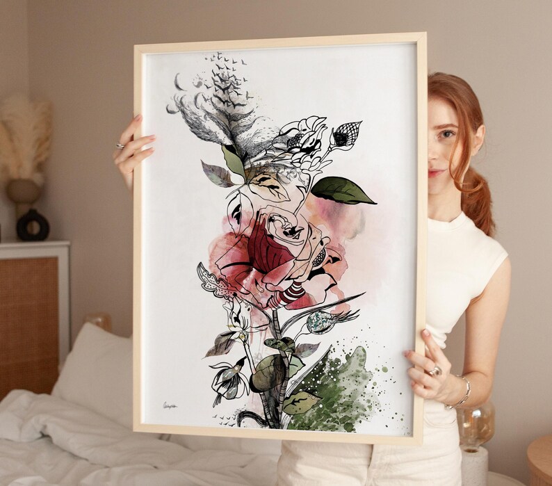 Flower Watercolor Painting, Red Flower Art Print, Rose Painting, Watercolor Flower Art, Flowers Watercolour Painting, Modern Flower Wall Art image 2