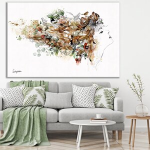 A watercolor painting of a woman with flowing hair, flowers, and birds. The painting is done in shades of brown, green, and red.