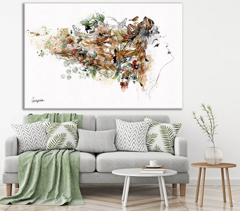 A watercolor painting of a woman with flowing hair, flowers, and birds. The painting is done in shades of brown, green, and red.
