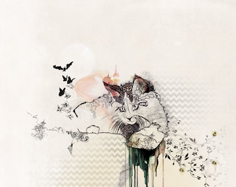 May include: A digital illustration featuring a cat with intricate line work and patterns, surrounded by silhouettes of bats, butterflies, and bees. The composition includes soft watercolor washes in peach and green, set against a light chevron background.