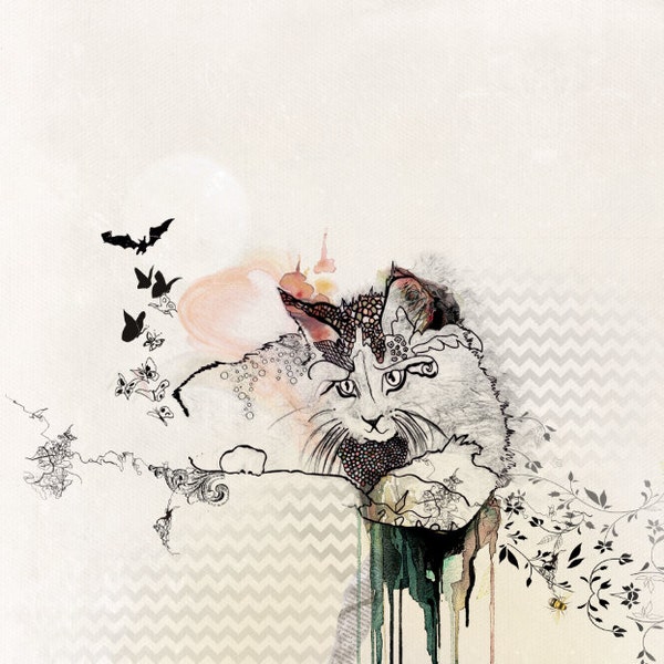 Impresión artística de gatos, arte con pluma y tinta, ilustración de gatos, impresión artística de collage, dibujo caprichoso de gatos, pintura de gatos