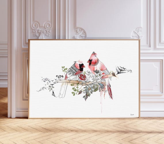 Cardinal Bird Wall Art, Love Birds Canvas Print, Red Cardinal Artwork, Romantic Nature Decor, Bird Lover Gift, Large Wall Art
