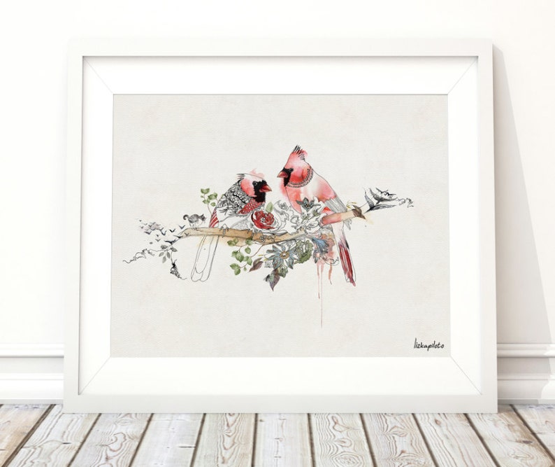 watercolor painting of two red cardinals perched on a branch with a rose. The birds are facing each other and the painting has a delicate, romantic feel.
