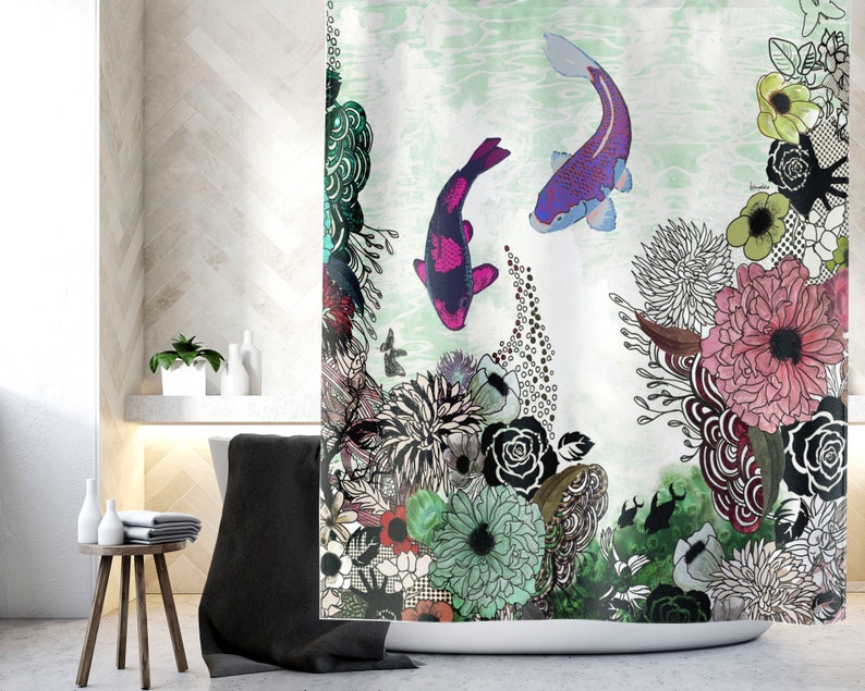 Koi Fish Shower Curtain, Colorful Shower Curtain, Bathroom Decor, Boho Shower Curtain, Art Shower Curtain, Boho Bathroom Decor image 2