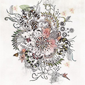 A black and white floral design with pink and green accents. The design features a large flower in the center with smaller flowers and leaves surrounding it. The design is on a white background with a watermark that reads '© liz kapilotot art & design'.