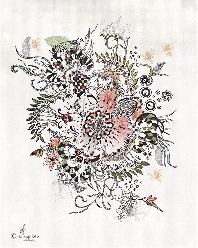A black and white floral design with pink and green accents. The design features a large flower in the center with smaller flowers and leaves surrounding it. The design is on a white background with a watermark that reads '© liz kapilotot art & design'.