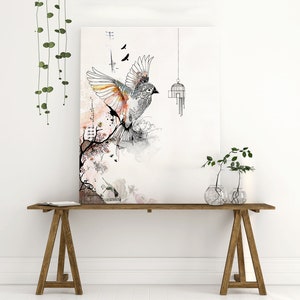 Prints illustrations, Bird cage art, Living Room Art, Bird art drawing, Orange and gray image 4