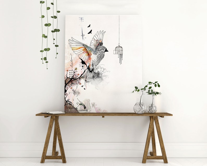 Prints illustrations, Bird cage art, Living Room Art, Bird art drawing, Orange and gray image 4