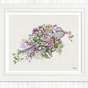 A framed print of a watercolor painting with a white background. The painting features a floral design with black and white lines and pink, purple, yellow, and green watercolor accents. The artist's signature is in the bottom right corner.