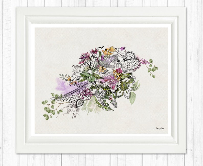 A framed print of a watercolor painting with a white background. The painting features a floral design with black and white lines and pink, purple, yellow, and green watercolor accents. The artist's signature is in the bottom right corner.