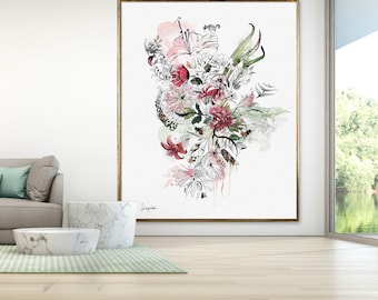 Floral Print Wall Art, Extra Large Tropical Painting, Modern Flowers Watercolor Art Print, Floral Bedroom Wall Art, Living Room Decor