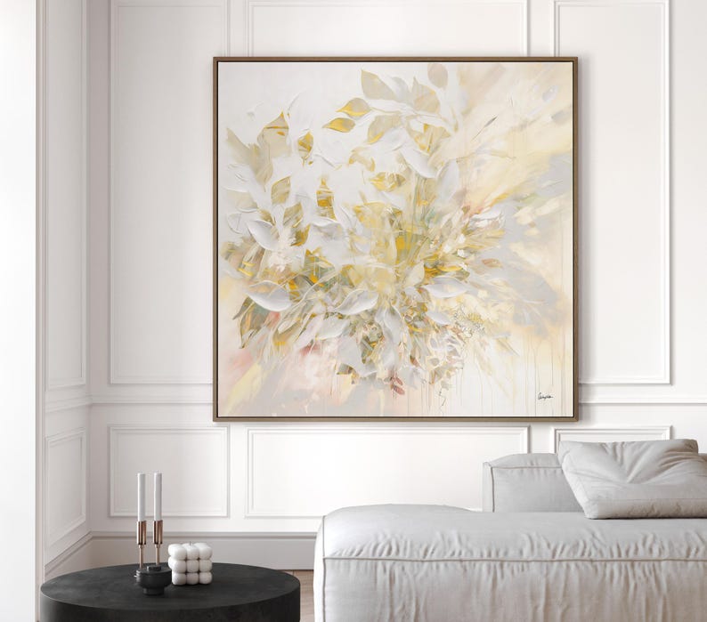 Gold Leaves Wall Art, Large Abstract Painting, Light Yellow Beige Pastel Wall Art, Modern Relaxing Wall Decor, Landscape Contemporary Art