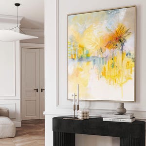 Abstract Yellow Watercolor Painting, Geometric Abstract Wall Art, Contemporary Cityscape Wall Art, Yellow and Gray Minimalist Art Vertical