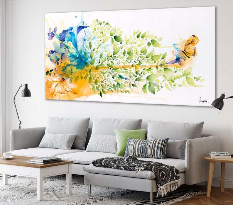 Watercolor painting of a floral arrangement with blue, green, and yellow flowers and leaves. A butterfly is flying near the flowers. The painting is on a white background.