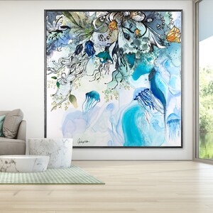 Abstract watercolor painting featuring a blue, white, and green color scheme. The painting depicts a cluster of jellyfish with long tentacles, surrounded by swirling patterns and delicate floral details. The artist's signature is visible in the bottom right corner.
