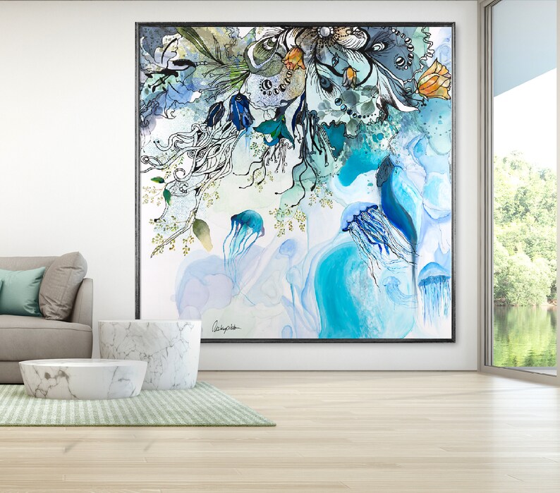 Abstract watercolor painting featuring a blue, white, and green color scheme. The painting depicts a cluster of jellyfish with long tentacles, surrounded by swirling patterns and delicate floral details. The artist's signature is visible in the bottom right corner.