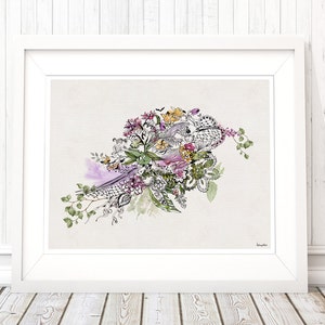 A framed print of a watercolor and ink illustration of a bouquet of flowers with butterflies and leaves. The flowers are in shades of pink, purple, yellow, and green. The background is a light beige color.