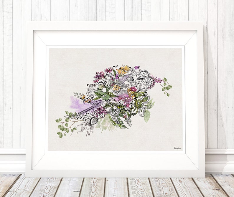 A framed print of a watercolor and ink illustration of a bouquet of flowers with butterflies and leaves. The flowers are in shades of pink, purple, yellow, and green. The background is a light beige color.