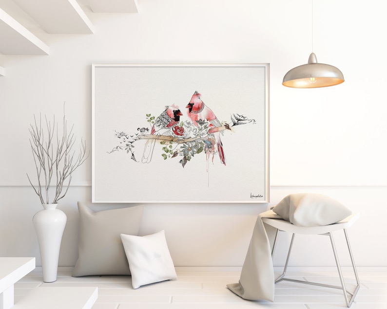 A watercolor painting of two red cardinals perched on a branch with green leaves and white flowers. The birds are facing each other and appear to be interacting. The background is a light gray.