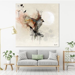 Large Wall Art, Modern Watercolor Painting, Extra Large Canvas Art, Large Bird Painting, Modern Wall Art, Living Room Wall Art, Canvas Print image 4