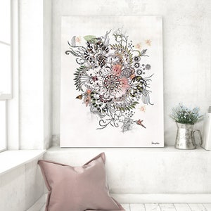black and white floral illustration with a pink center. The illustration is surrounded by a variety of other floral elements, including leaves, vines, and butterflies. The illustration is set against a white background.