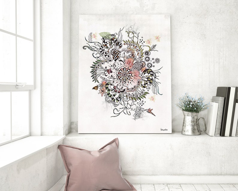 black and white floral illustration with a pink center. The illustration is surrounded by a variety of other floral elements, including leaves, vines, and butterflies. The illustration is set against a white background.
