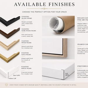 The image is a collection of different types of picture frames, each with its own unique features and characteristics. The frames are available in various styles, such as floating black frames, rolled canvas frames, dark wood frames, floating gold frames, and stretched white frames. The image provides a visual comparison of these different frame options, allowing viewers to choose the perfect option for their space based on their preferences and needs.