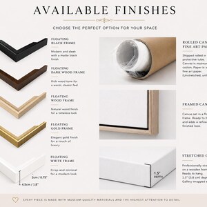 May include: A product guide titled AVAILABLE FINISHES displaying five floating frame options in black, dark wood, natural wood, gold, and white. It shows a rolled canvas, a framed canvas, and a stretched canvas with a 1.5 inch depth and 3.8 cm label.