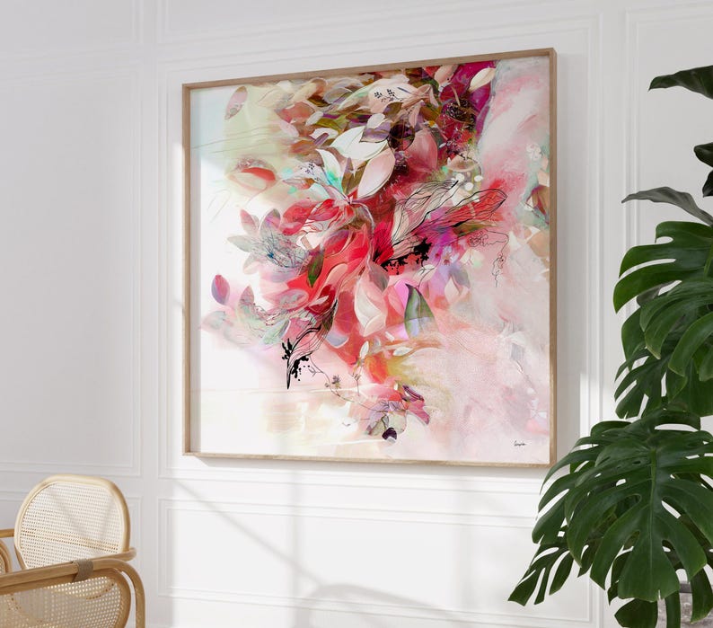 Abstract Painting Print, Hot Pink Wall Art, Modern Abstract Botanical Art, Eclectic Pink Wall Decor, Large Wall Art, Vibrant Color Painting