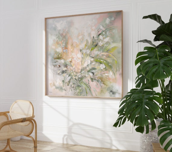 Large Floral Abstract Painting, Soft Pastel Flower Wall Art, Framed Canvas Art for Living Room, Wildflower Meadow Nature Impressionist Art