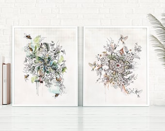 Conjunto de 2 láminas decorativas para pared, conjunto de láminas florales, arte floral abstracto, pintura floral abstracta, acuarela floral, pinturas florales, arte floral para el hogar.