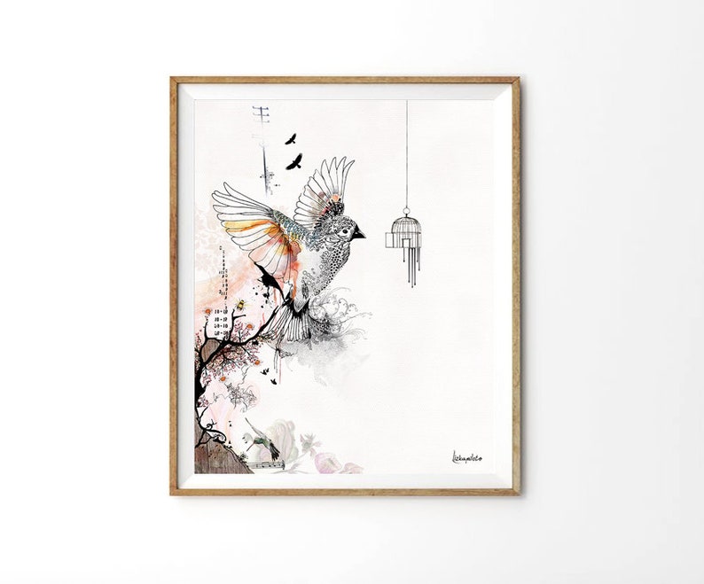 Prints illustrations, Bird cage art, Living Room Art, Bird art drawing, Orange and gray image 3