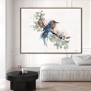 Bird Canvas Art, Large Canvas Print, Original Watercolor Painting, Blue Bird Wall Art, Large Painting for Living Room, Kingfisher Wall Art