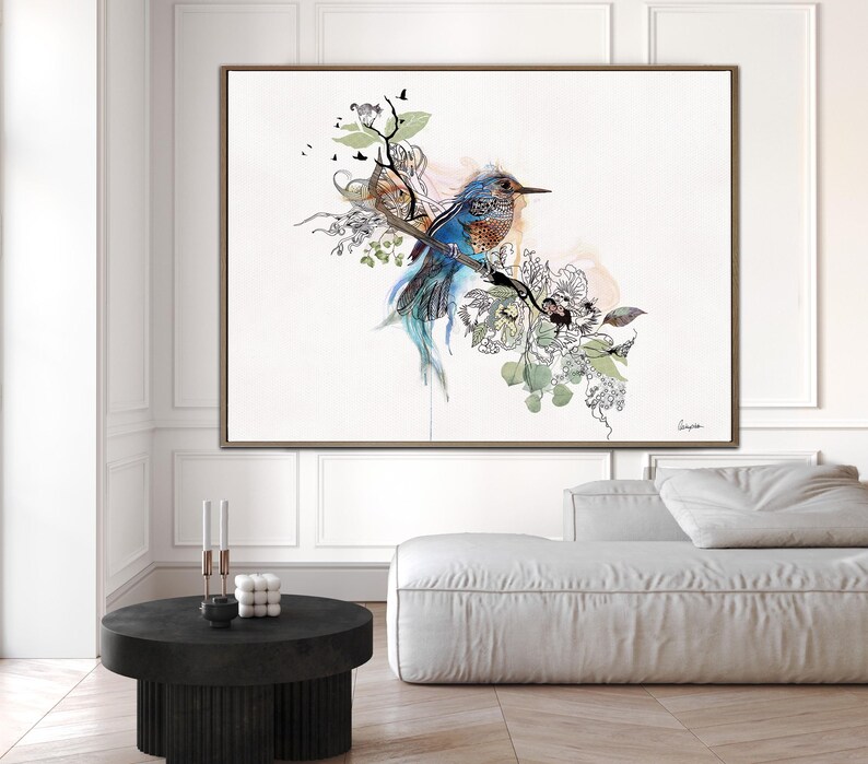 Bird Canvas Art, Large Canvas Print, Original Watercolor Painting, Blue Bird Wall Art, Large Painting for Living Room, Kingfisher Wall Art