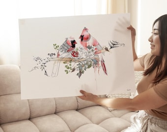 Cardinal Bird Wall Art Print, Red Bird Canvas, Botanical Bird Artwork, Minimalist Nature Decor, Couple Birds Art, Housewarming Gift