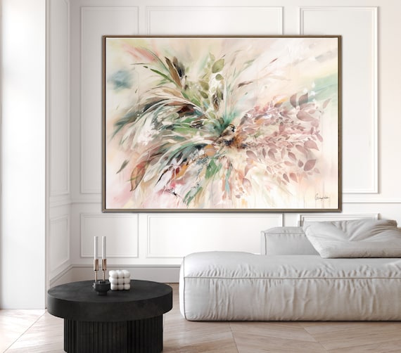 Pink Pastel Wall Art, Abstract Modern Painting, Bedroom Wall Art, Large Horizontal Wall Art, Pink Floral Painting On Canvas, Boho Wall Art