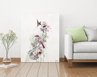 Estampado de flores rosas, arte japonés, estampado botánico de flores, arte mural floral, pintura japonesa, acuarela floral, arte botánico rosa