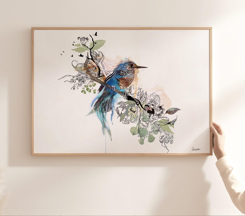 Bird Canvas Art, Large Canvas Print, Original Watercolor Painting, Blue Bird Wall Art, Large Painting for Living Room, Kingfisher Wall Art