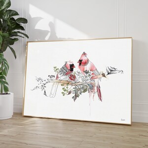 A framed horizontal wall art print featuring a watercolor illustration of two red cardinal birds perched on a branch. The birds are surrounded by detailed black ink line drawings of various flowers, leaves, and vines on a white background.