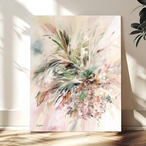 Abstract floral painting with a soft color palette of greens, pinks, and creams. The artwork features layered brushstrokes and delicate leaf and stem details, creating a sense of depth and movement. The painting is displayed on a white canvas.