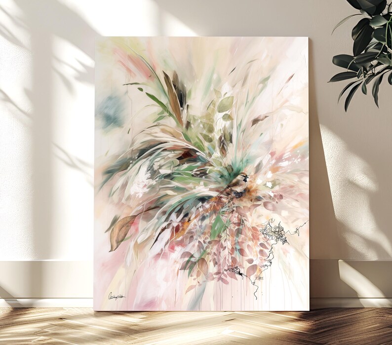 Abstract floral painting with a soft color palette of greens, pinks, and creams. The artwork features layered brushstrokes and delicate leaf and stem details, creating a sense of depth and movement. The painting is displayed on a white canvas.
