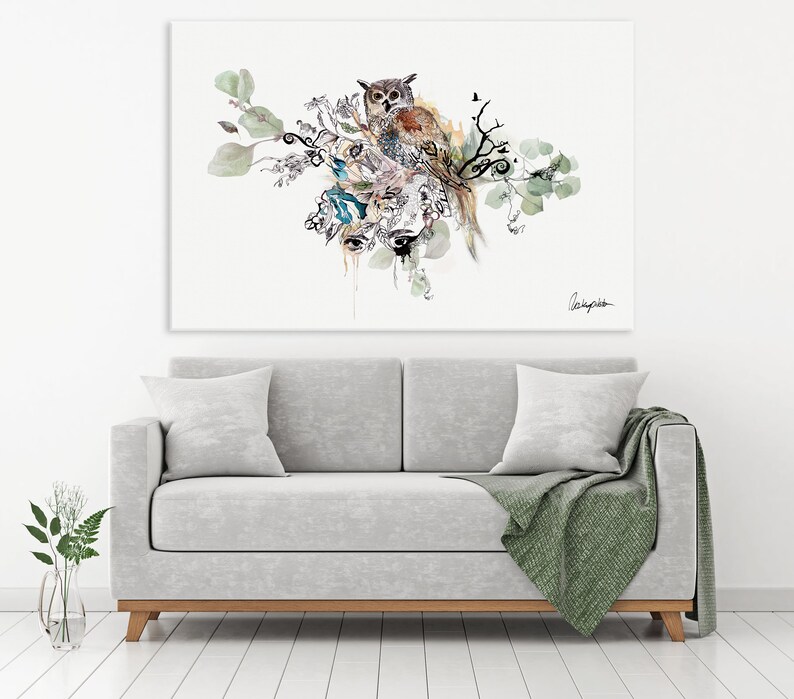 Large Boho Wall Art Print Original Owl Painting Owl Decor Etsy