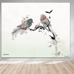 A whimsical art print featuring two stylized birds perched on a branch with intricate details. The birds are adorned with patterns and colors, creating a vibrant and playful scene.